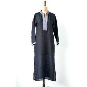 ▫️🆕▪️ Elegant 100% Black Linen Charcoal Trim Kaftan Maxi Dress with pockets✨